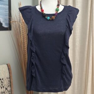 J. Crew Linen Ruffle Tee in Navy Blue Size Small